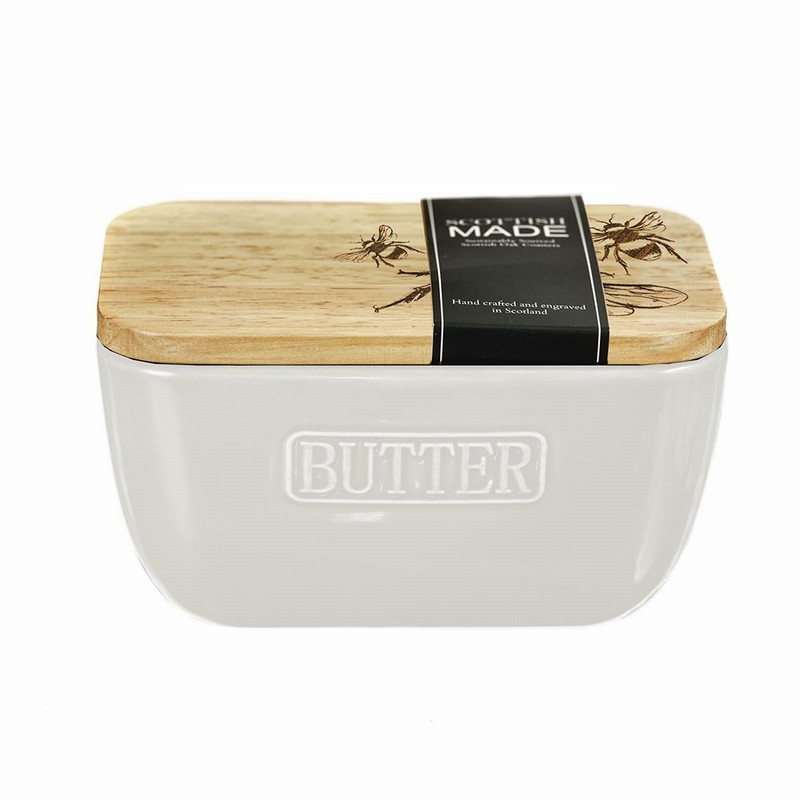 Bee Oak & Ceramic Butter Dish White - Image 2