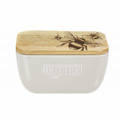 Bee Oak & Ceramic Butter Dish White
