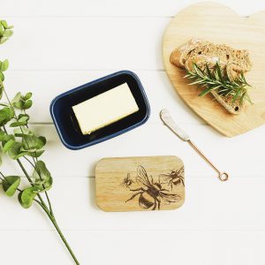 Bee Oak & Ceramic Butter Dish Blue - Image 2