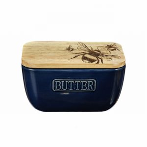 Bee Oak & Ceramic Butter Dish Blue