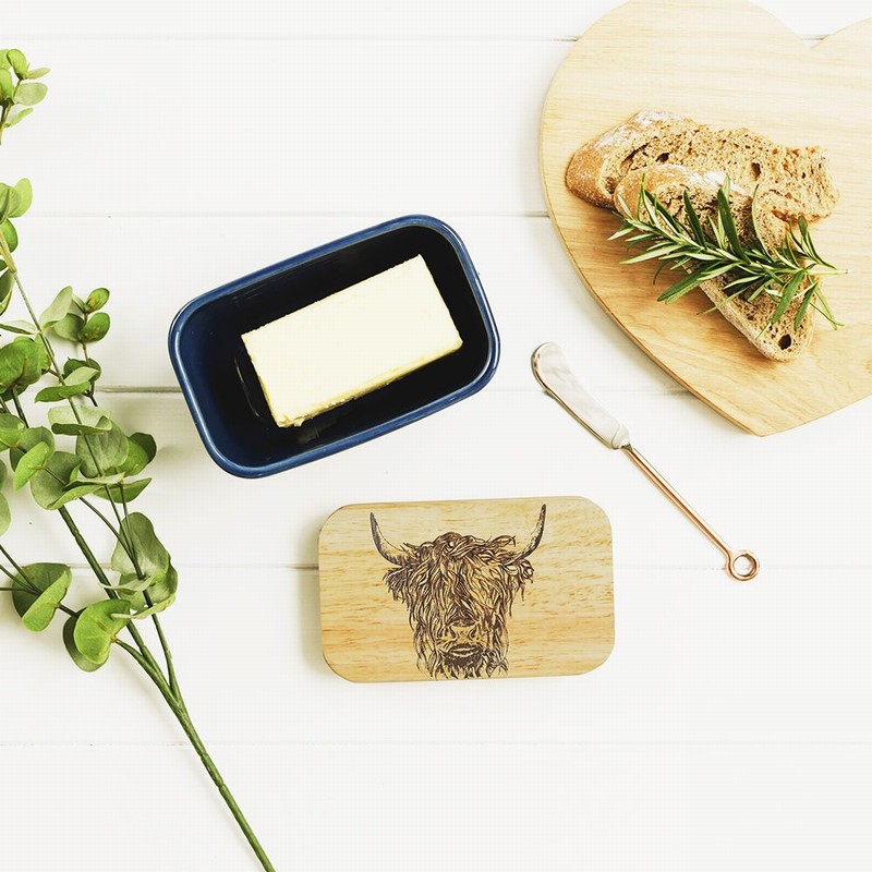 Highland Cow Oak & Ceramic Butter Dish Blue - Image 2