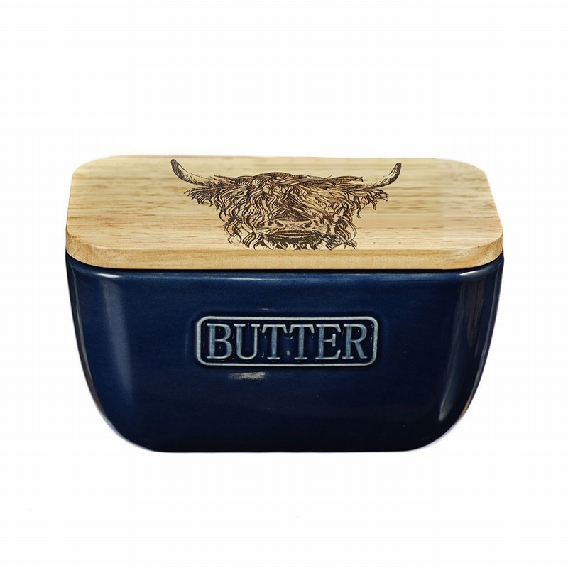 Highland Cow Oak & Ceramic Butter Dish Blue
