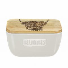 Highland Cow Oak & Ceramic Butter Dish White