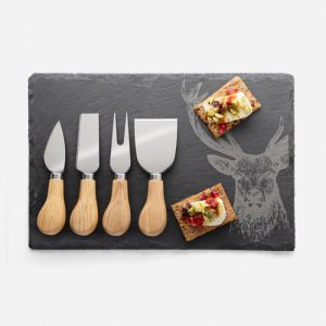 4Pce Oak Handled Cheese Knife Slate Set Stag