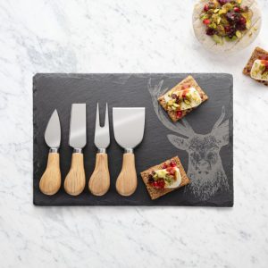 4Pce Oak Handled Cheese Knife Slate Set Stag - Image 2